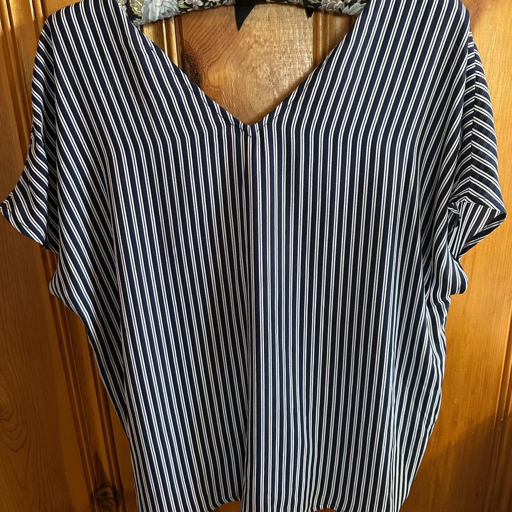 Michael Kors Navy and White Striped Zip-Front Tie Hem Blouse